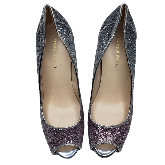Marc Fisher | Harpy Silver Pink Ombre Glitter Peep Toe Platform Heels Women's 9 - Picture 6 of 13